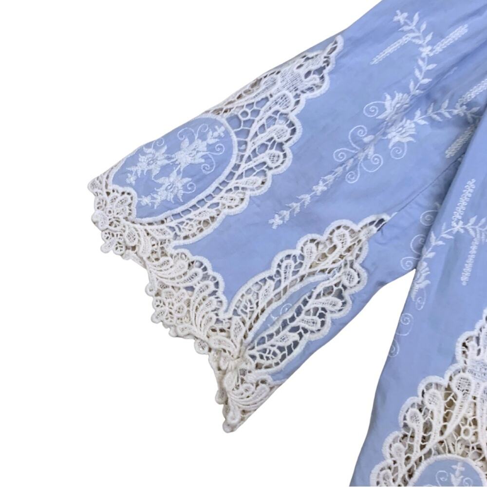 Off The Shoulder Blue Cream Floral Lace Top Medium Boho Peasant Prairie Festival - Picture 2 of 9